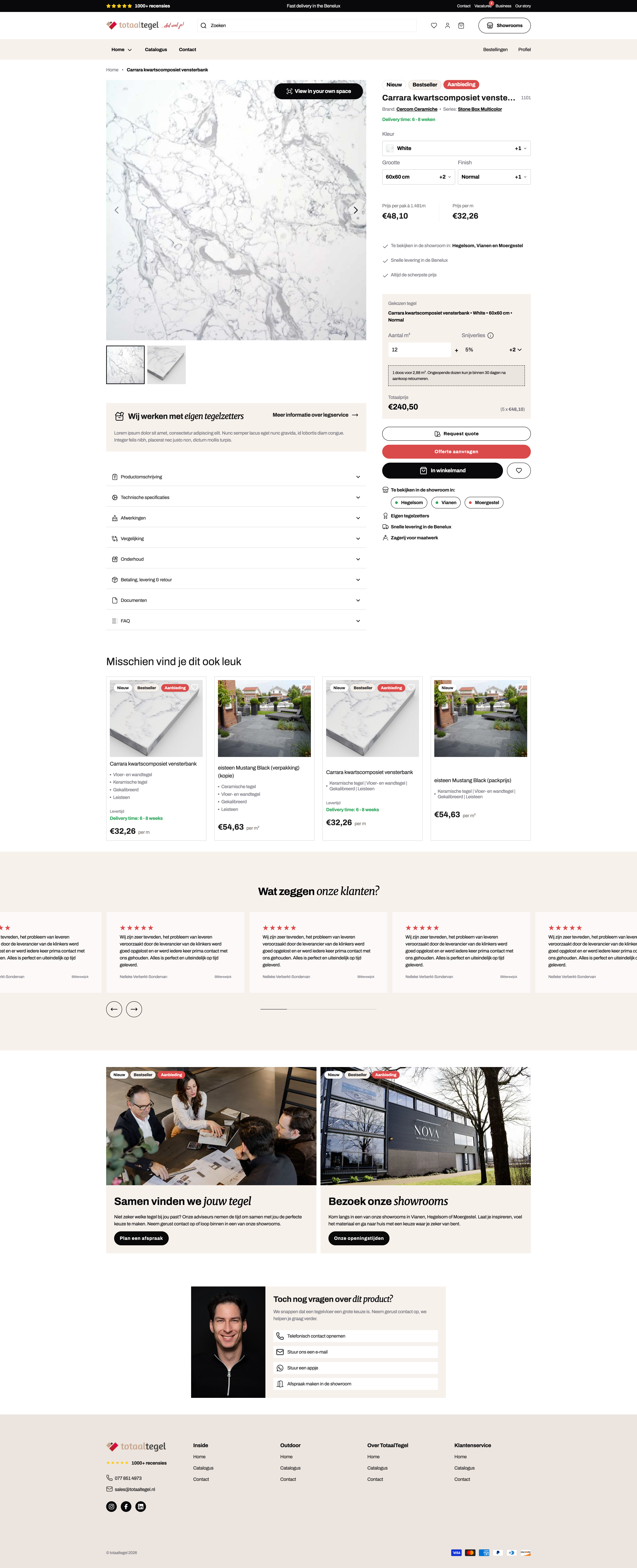 Referentie-ontwerp van de Totaaltegel productpagina: Carrara kwartscomposiet vensterbank